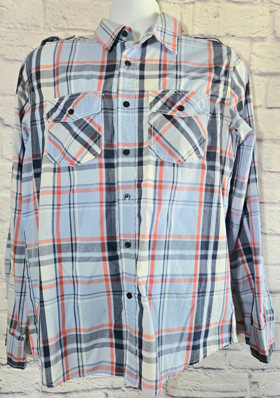 Carbon Blue Black Plaid Button Up Men's Shirt Medium Classic Fit
